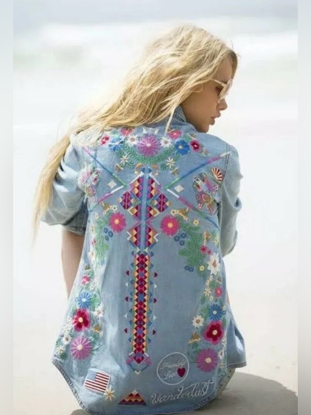 Spell & The Gypsy Love Stitch Love Child Embroidered Denim Shirt Jacket Size XS